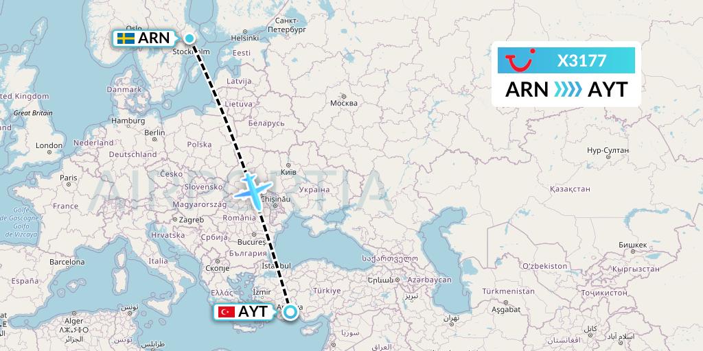 X3177 TUI fly Germany Flight Map: Stockholm to Antalya