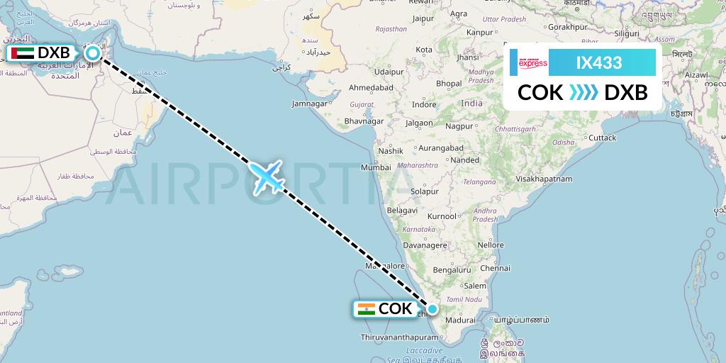 IX433 Air India Express Flight Map: Cochin to Dubai