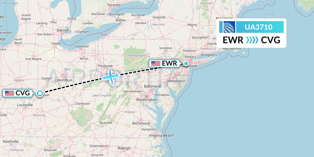 UA3710 United Airlines Flight Map: New York to Cincinnati