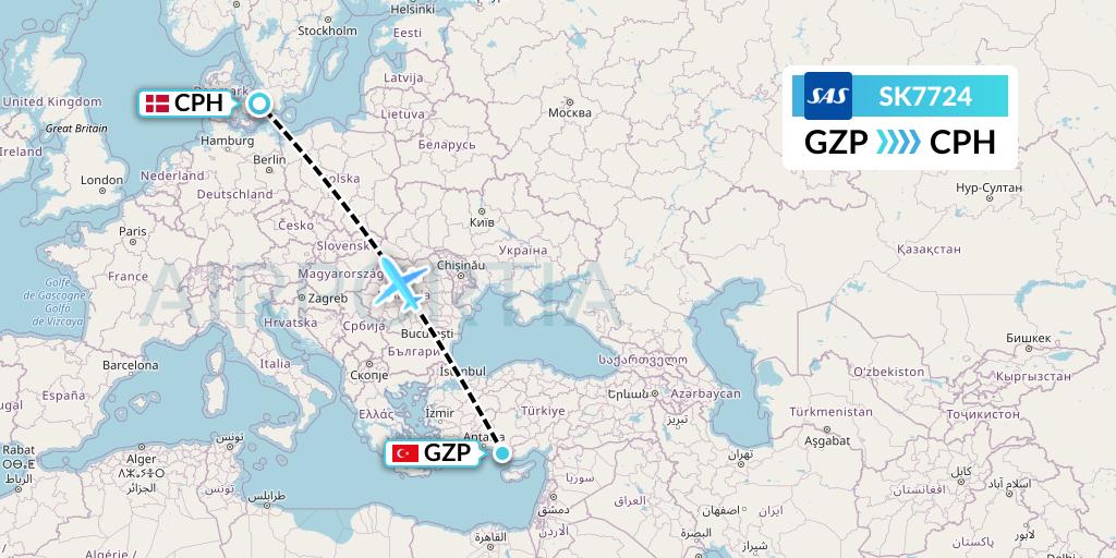 SK7724 SAS Flight Map: Gazipasa to Copenhagen