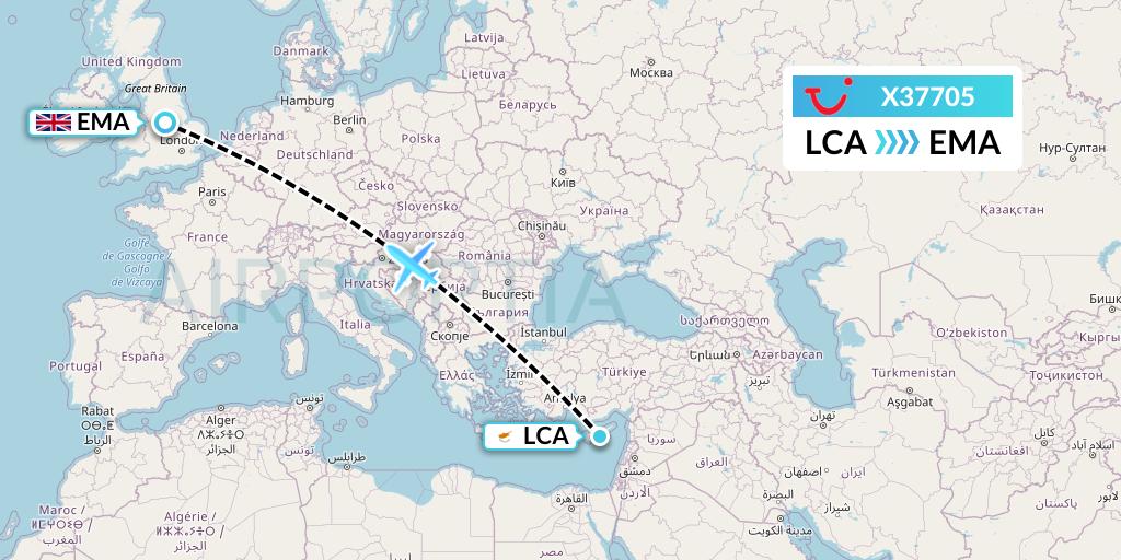 X37705 TUI fly Germany Flight Map: Larnaca to East Midlands
