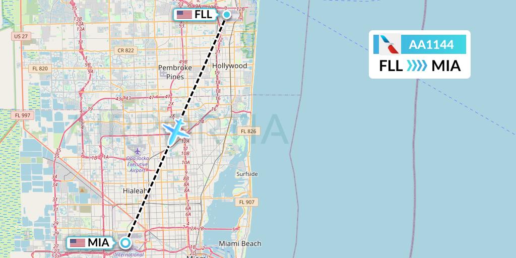 AA1144 American Airlines Flight Map: Fort Lauderdale to Miami