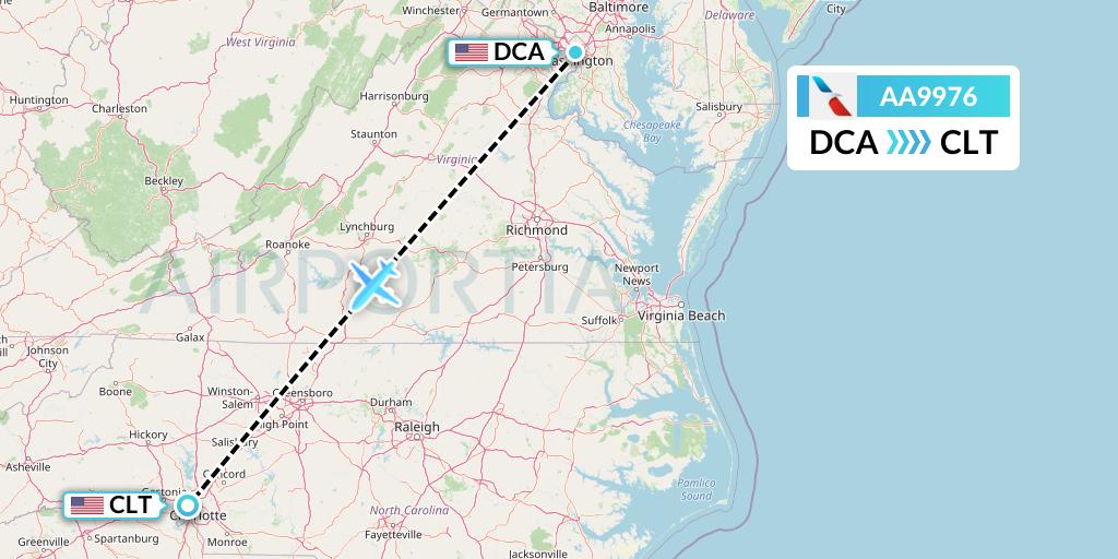 AA9976 American Airlines Flight Map: Washington to Charlotte