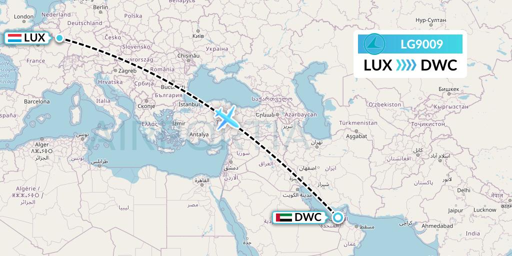 LG9009 Luxair Flight Map: Luxembourg to Dubai