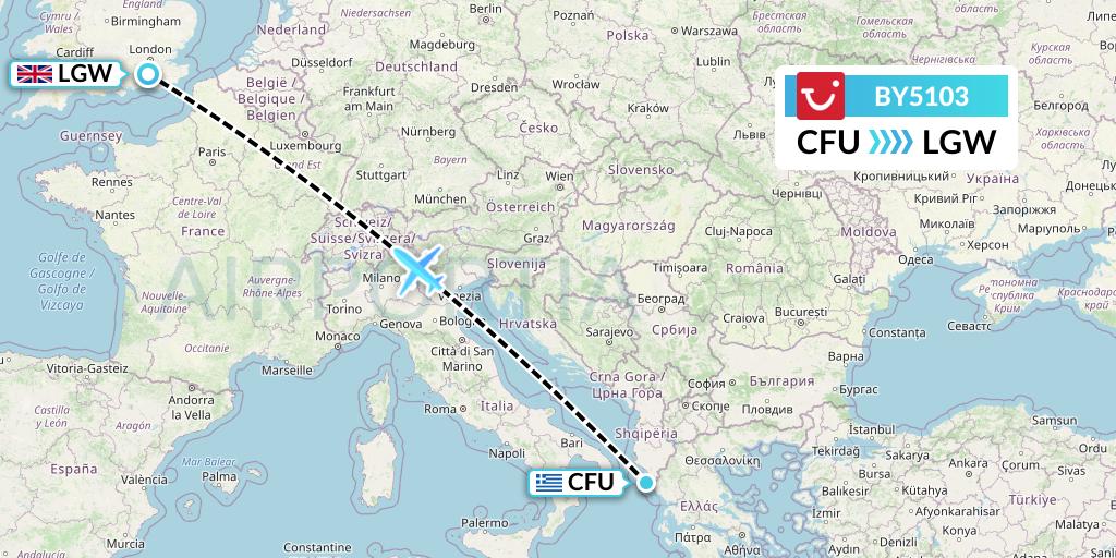 BY5103 TUI Airways Flight Map: Corfu to London