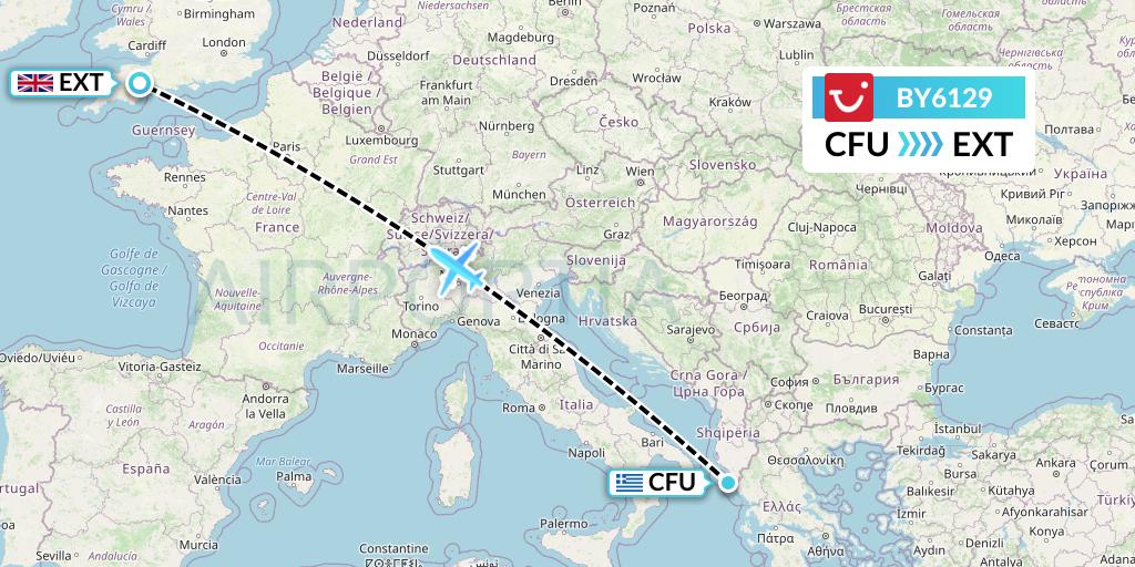 BY6129 TUI Airways Flight Map: Corfu to Exeter