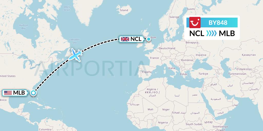 BY848 TUI Airways Flight Map: Newcastle to Melbourne