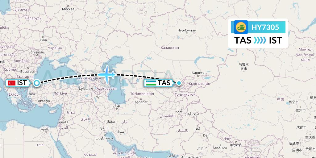 HY7305 Uzbekistan Airways Flight Map: Tashkent to Istanbul