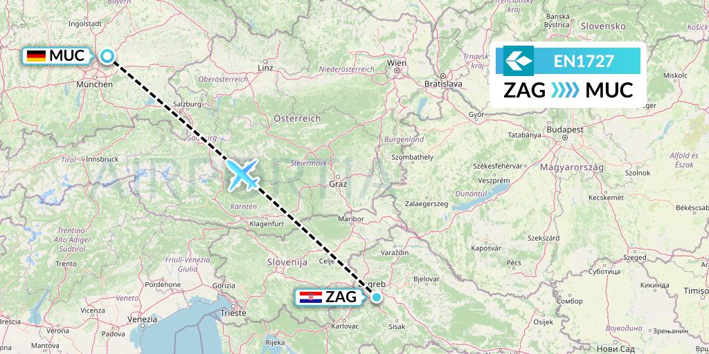 EN1727 Air Dolomiti Flight Map: Zagreb to Munich