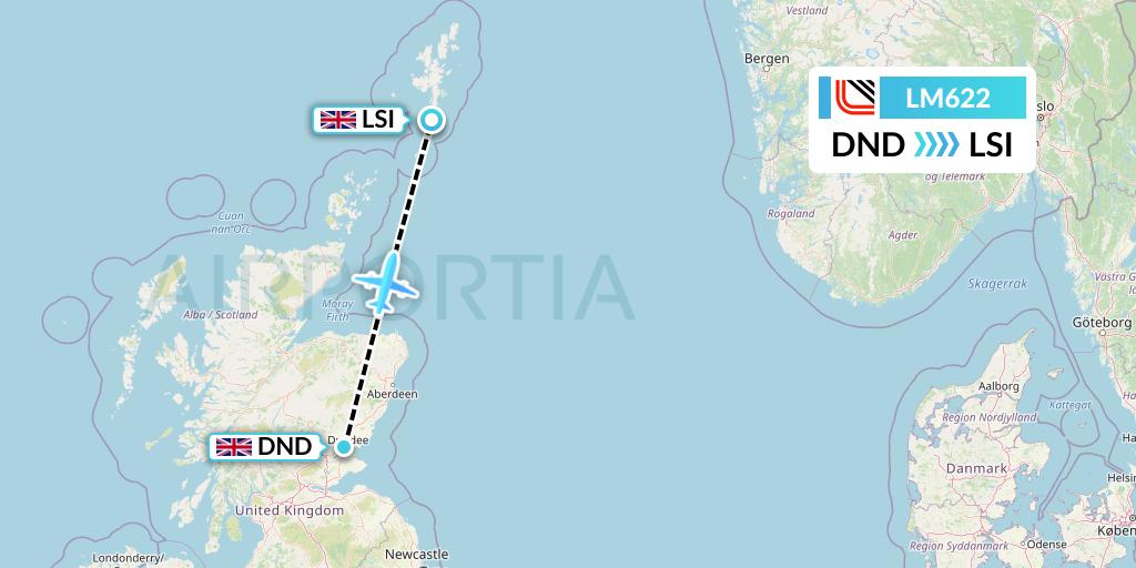 LM622 Loganair Flight Map: Dundee to Sumburgh