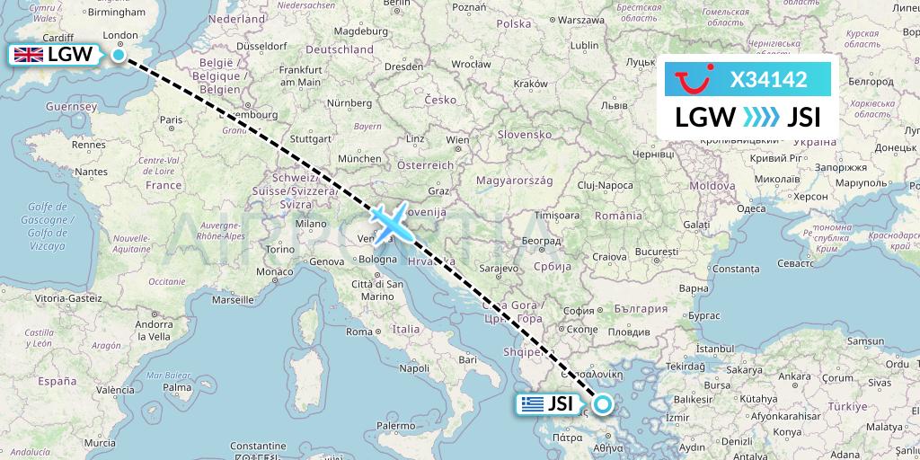 X34142 TUI fly Germany Flight Map: London to Skiathos