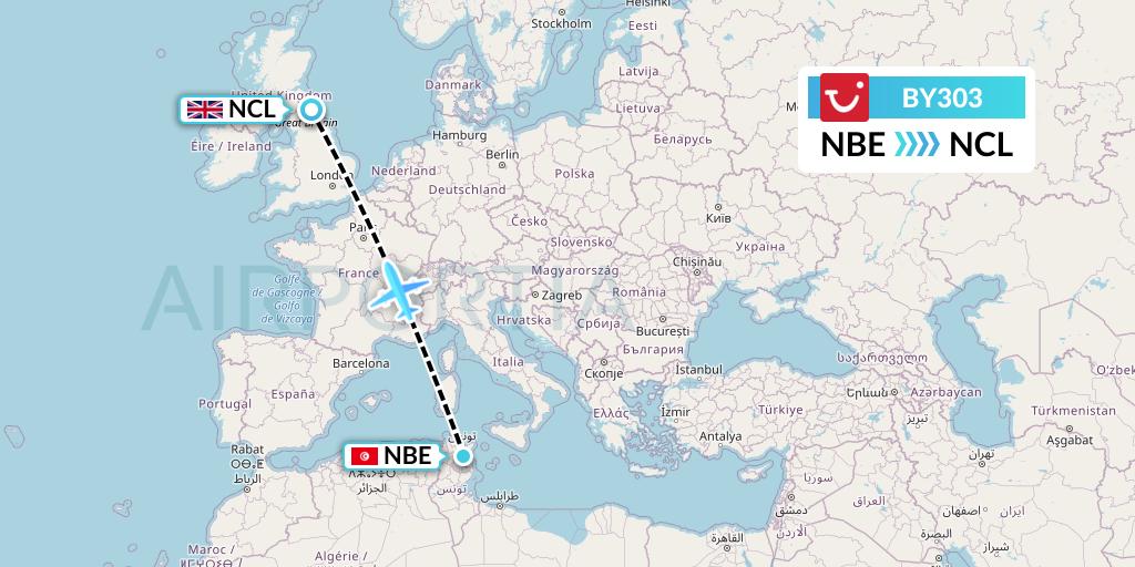 BY303 TUI Airways Flight Map: Enfidha to Newcastle