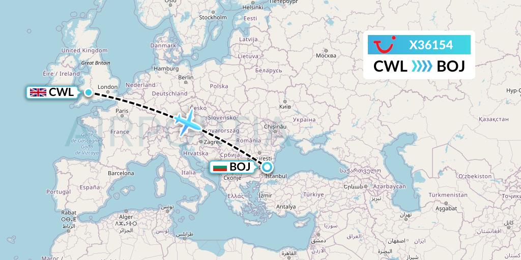 X36154 TUI fly Germany Flight Map: Cardiff to Burgas