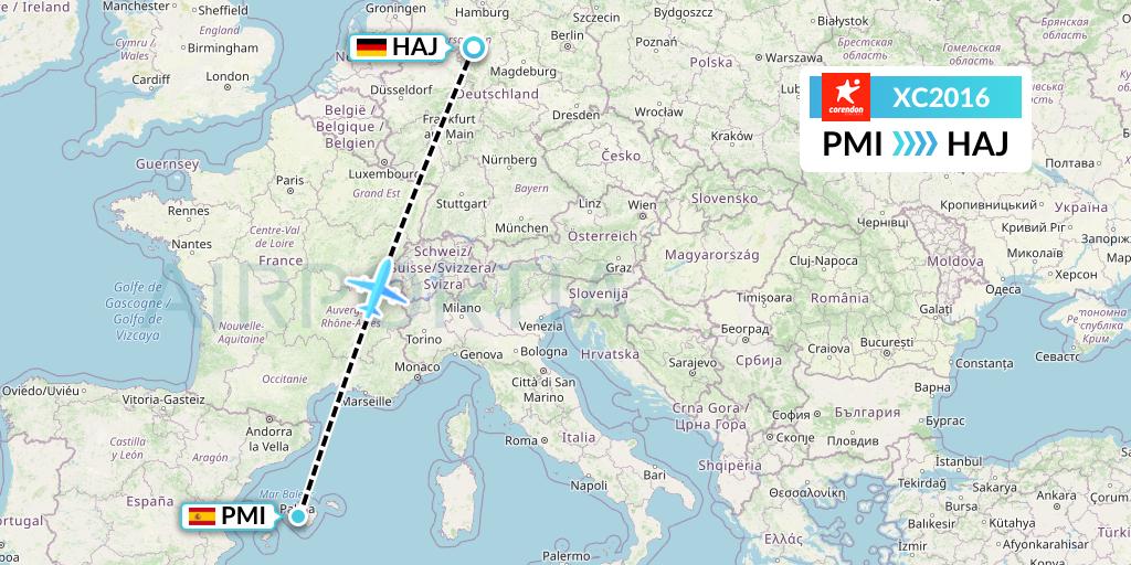 XC2016 Corendon Airlines Flight Map: Palma de Mallorca to Hannover