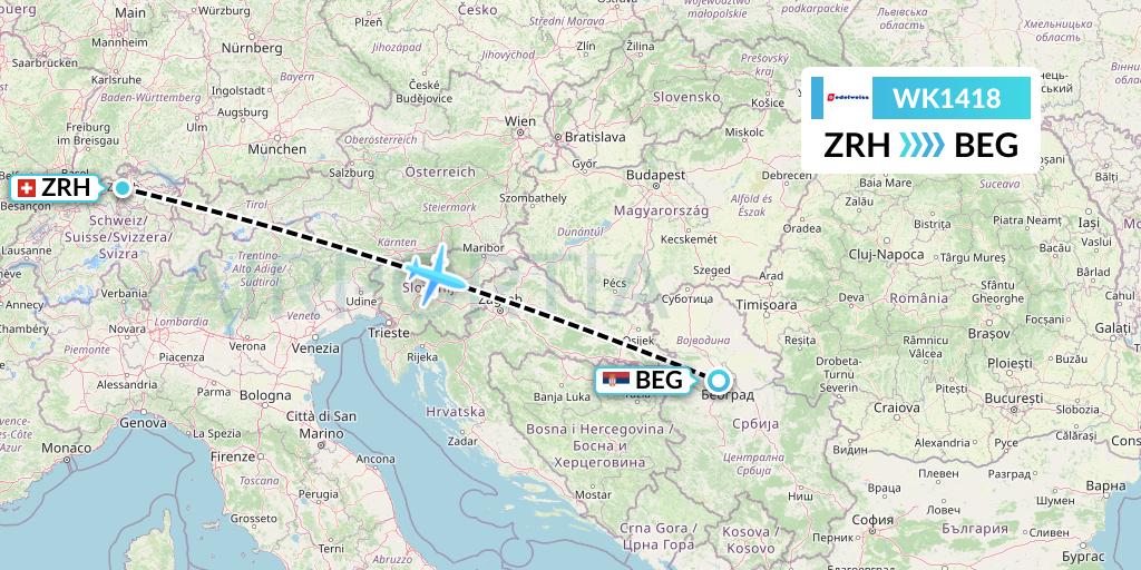 WK1418 Edelweiss Air Flight Map: Zurich to Belgrade