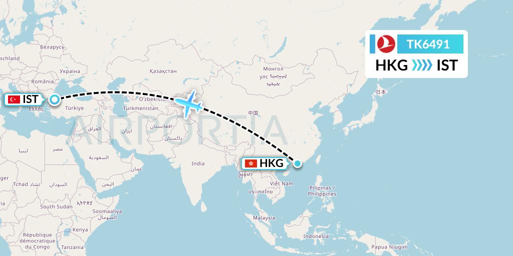 TK6491 Turkish Airlines Flight Map: Hong Kong to Istanbul