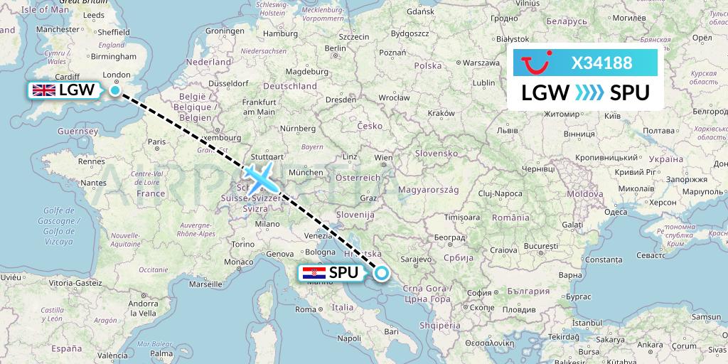 X34188 TUI fly Germany Flight Map: London to Split