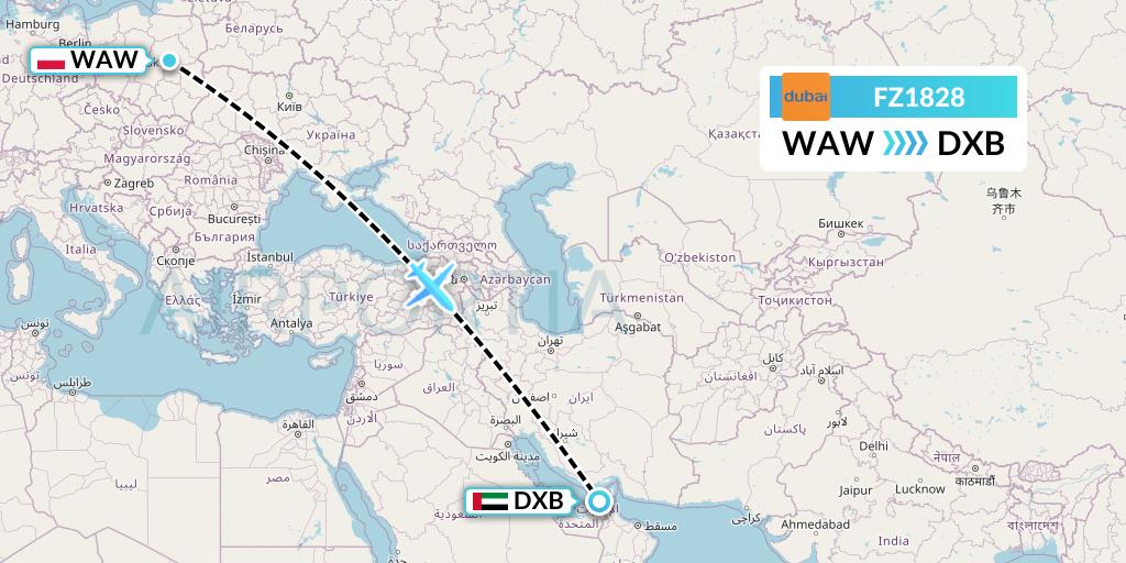 FZ1828 FlyDubai Flight Map: Warsaw to Dubai
