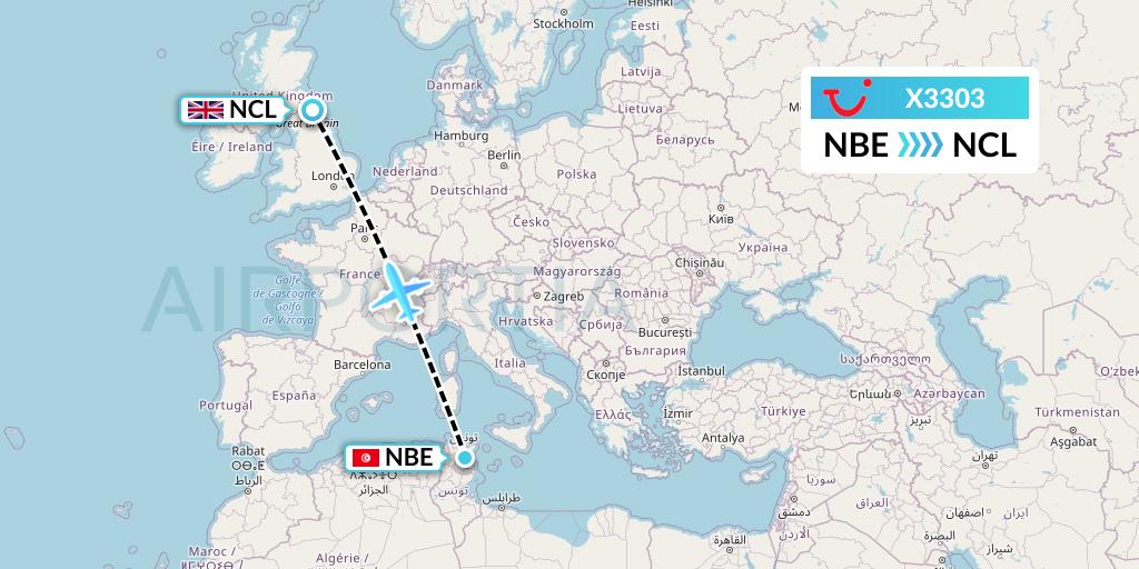 X3303 TUI fly Germany Flight Map: Enfidha to Newcastle