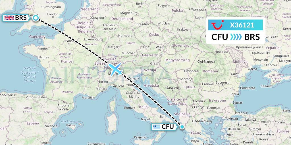 X36121 TUI fly Germany Flight Map: Corfu to Bristol