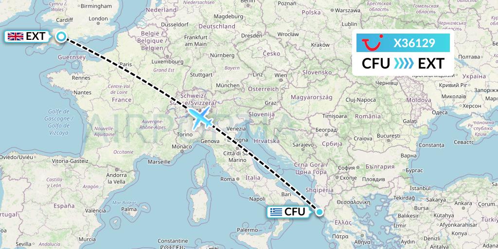 X36129 TUI fly Germany Flight Map: Corfu to Exeter