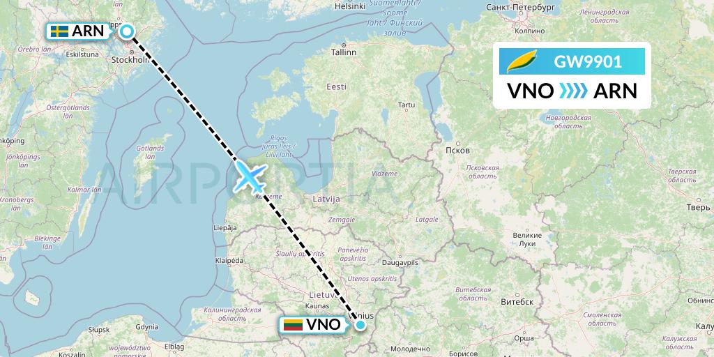 GW9901 GetJet Airlines Flight Map: Vilnius to Stockholm