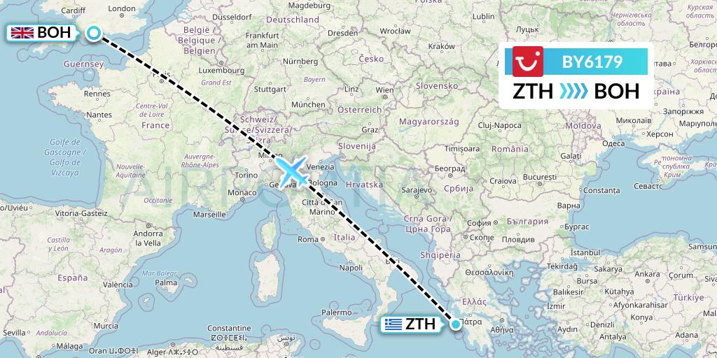 BY6179 TUI Airways Flight Map: Zakynthos to Bournemouth