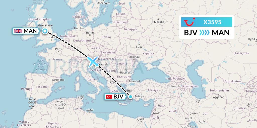 X3595 TUI fly Germany Flight Map: Bodrum to Manchester