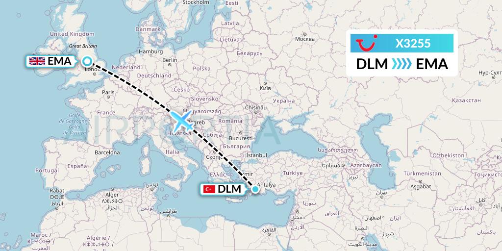X3255 TUI fly Germany Flight Map: Dalaman to East Midlands