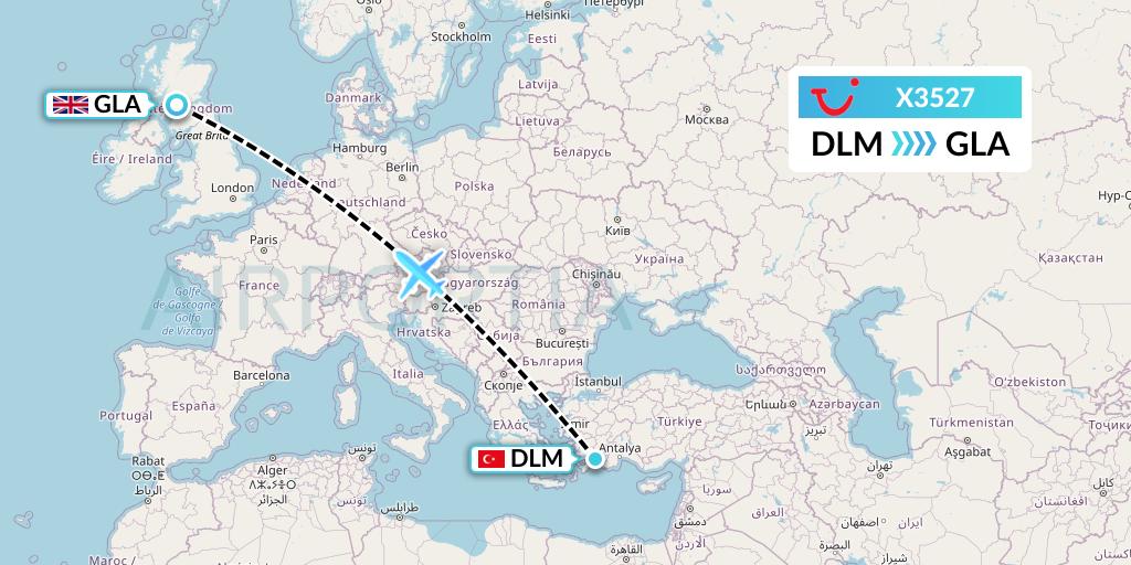X3527 TUI fly Germany Flight Map: Dalaman to Glasgow