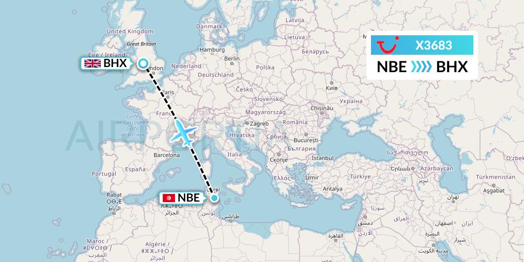 X3683 TUI fly Germany Flight Map: Enfidha to Birmingham