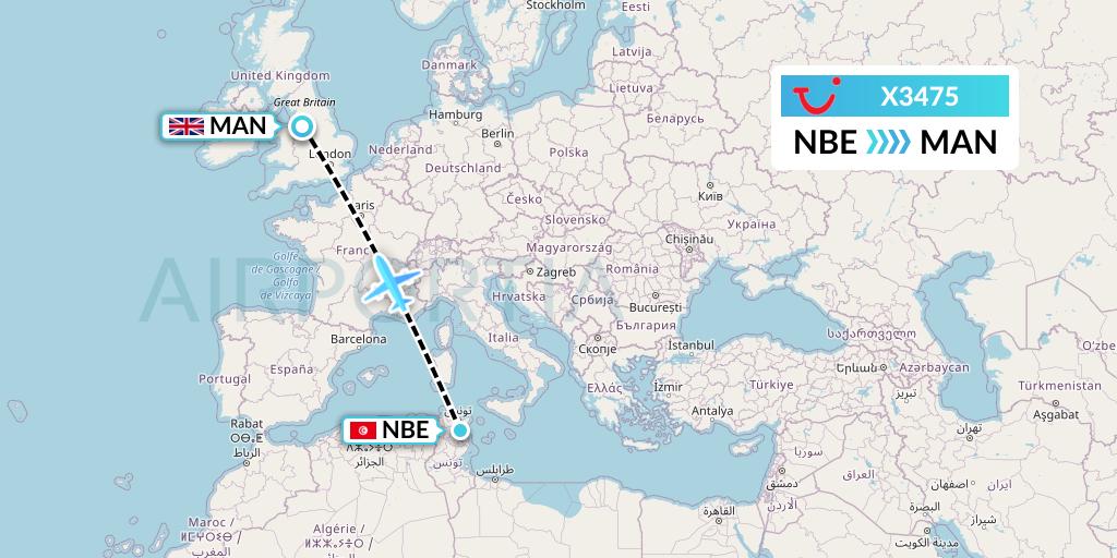 X3475 TUI fly Germany Flight Map: Enfidha to Manchester