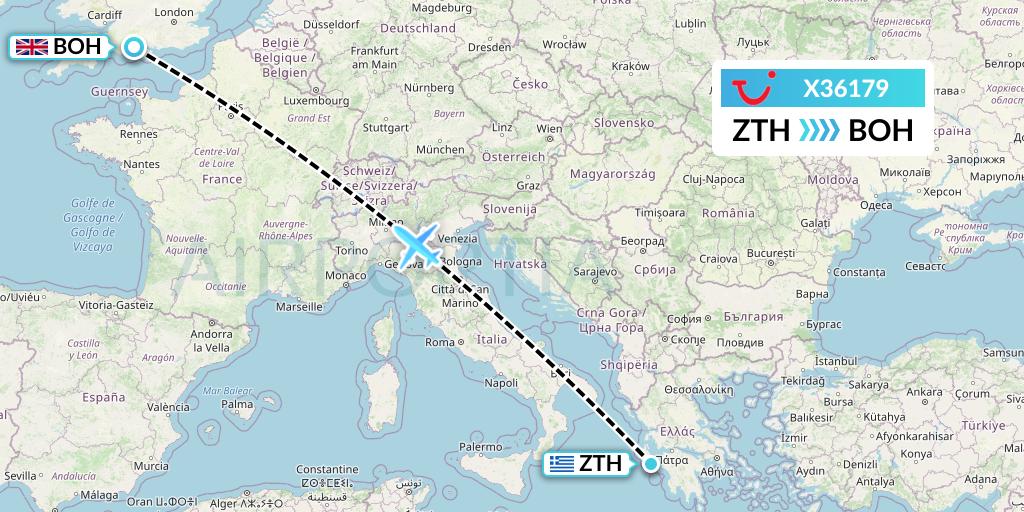 X36179 TUI fly Germany Flight Map: Zakynthos to Bournemouth