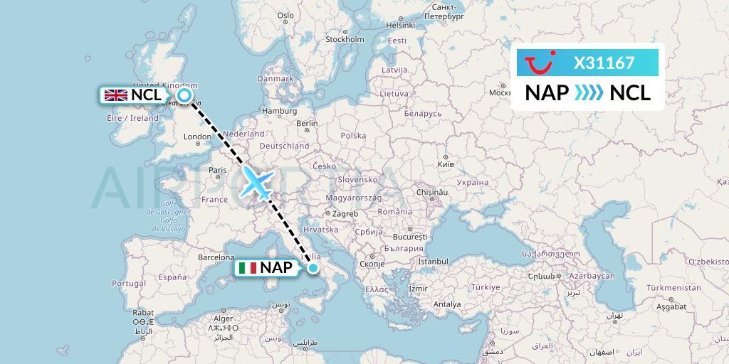 X31167 TUI fly Germany Flight Map: Naples to Newcastle