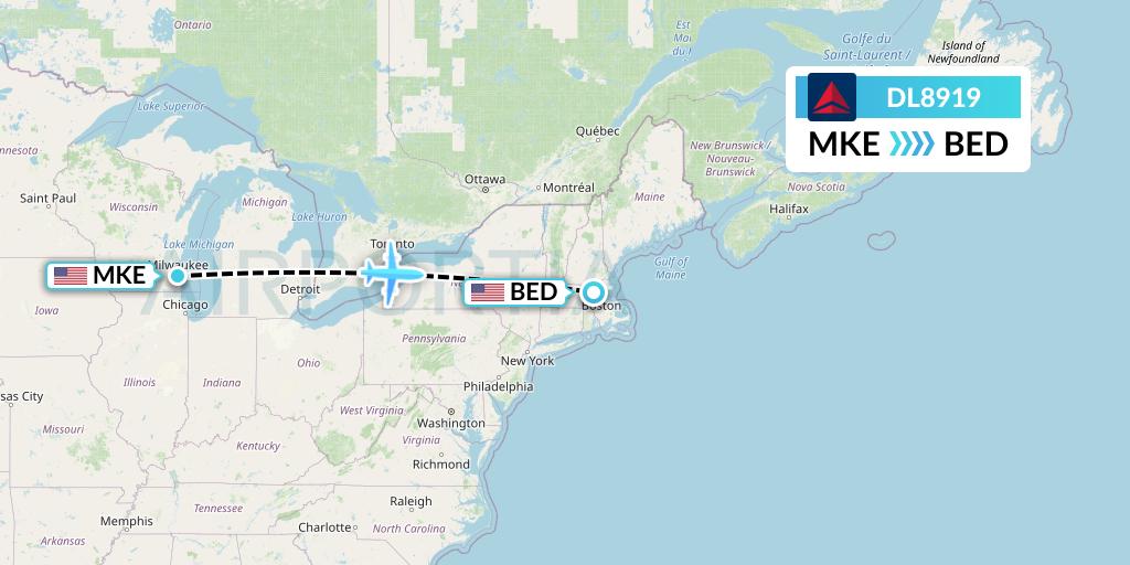 DL8919 Delta Air Lines Flight Map: Milwaukee to Bedford