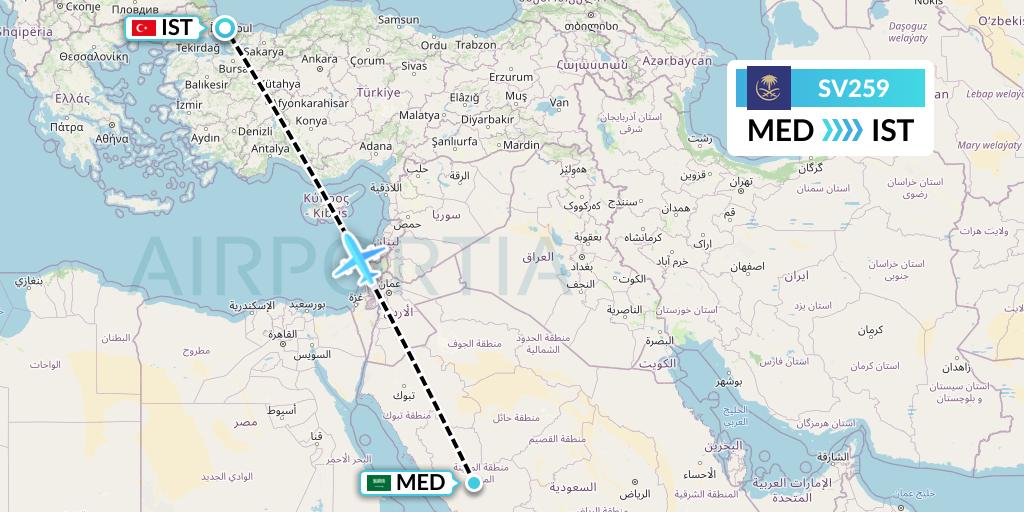 SV259 Saudi Arabian Airlines Flight Map: Medina to Istanbul
