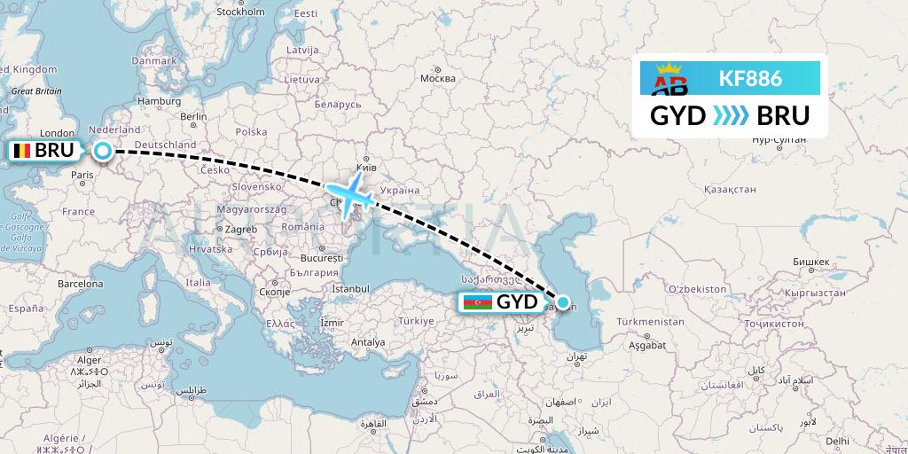 KF886 Air Belgium Flight Map: Baku to Brussels