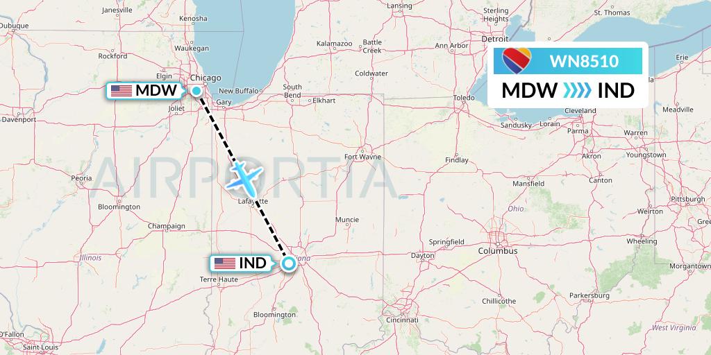 WN8510 Southwest Airlines Flight Map: Chicago to Indianapolis