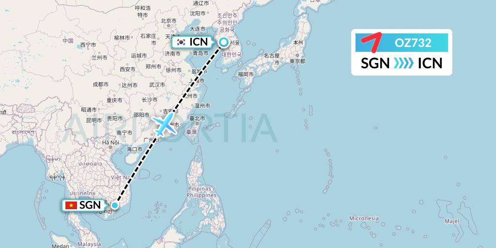 OZ732 Asiana Airlines Flight Map: Ho Chi Minh City to Seoul