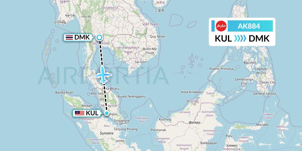 AK884 AirAsia Flight Map: Kuala Lumpur to Bangkok