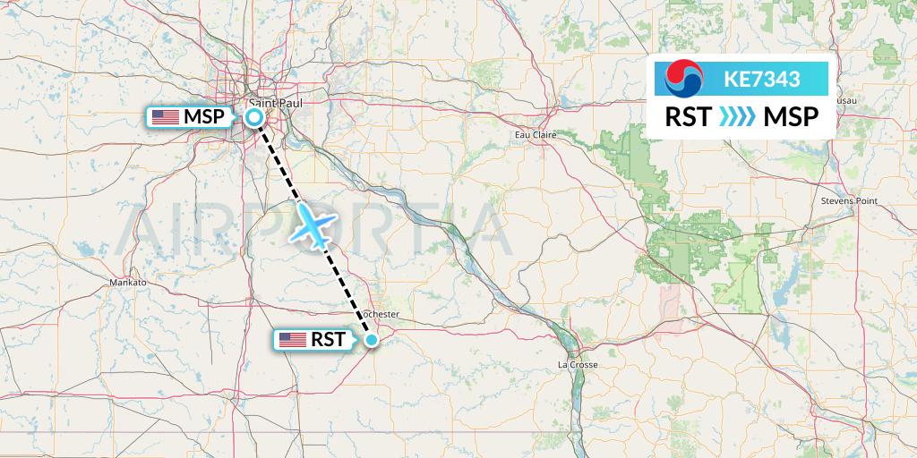 KE7343 Korean Air Flight Map: Rochester to Minneapolis