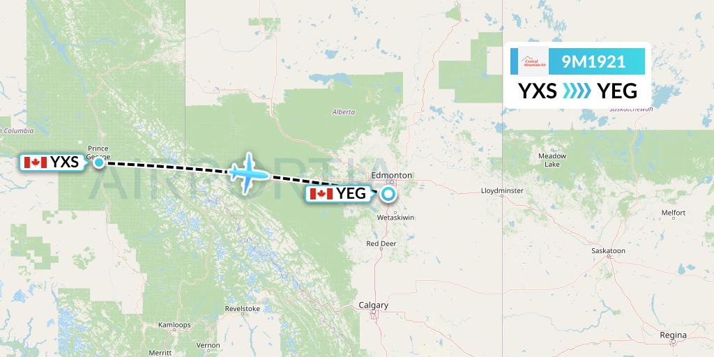 9M1921 Central Mountain Air Flight Map: Prince George to Edmonton