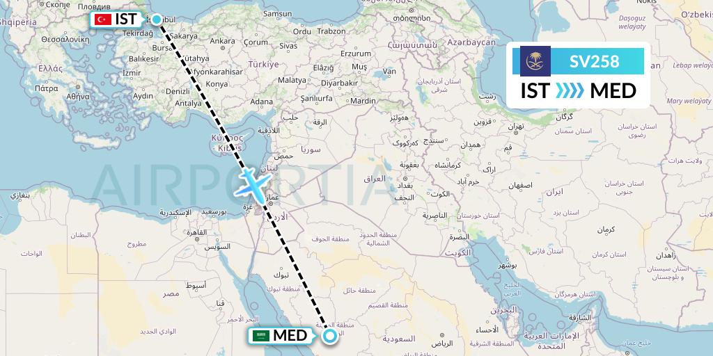 SV258 Saudi Arabian Airlines Flight Map: Istanbul to Medina