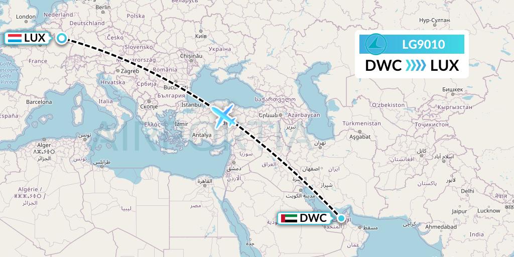 LG9010 Luxair Flight Map: Dubai to Luxembourg