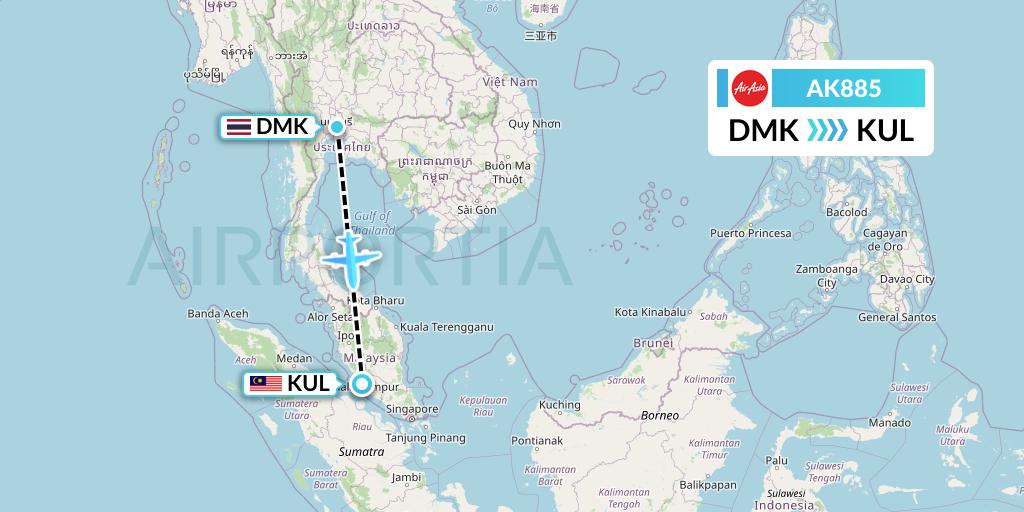 AK885 AirAsia Flight Map: Bangkok to Kuala Lumpur