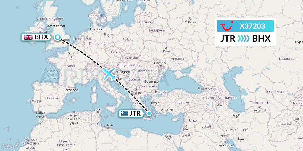 X37203 TUI fly Germany Flight Map: Santorini to Birmingham