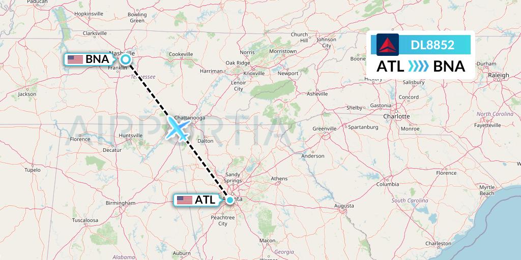 DL8852 Delta Air Lines Flight Map: Atlanta to Nashville