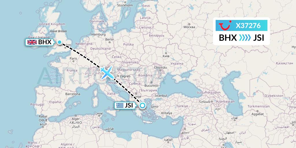 X37276 TUI fly Germany Flight Map: Birmingham to Skiathos