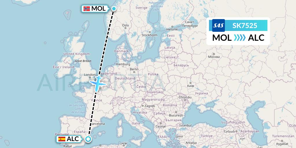 SK7525 SAS Flight Map: Molde to Alicante