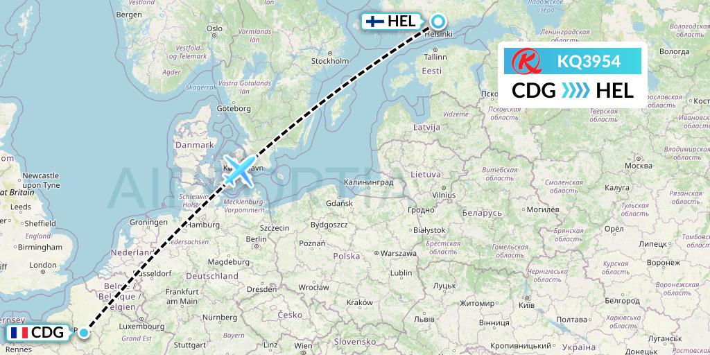 KQ3954 Kenya Airways Flight Map: Paris to Helsinki